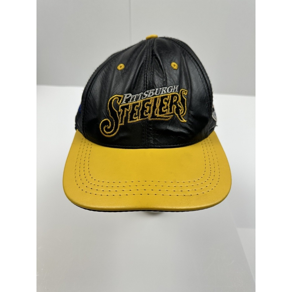 Vintage Pittsburgh Steelers Leather NFL Hat Black Snapback Made in USA Vtg 90s